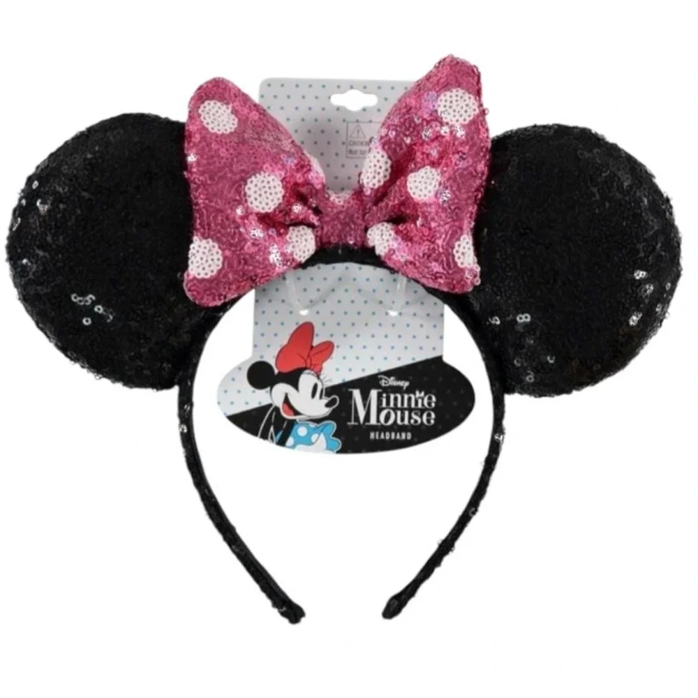 Disney Girls Mini Mouse Ears‎ Sequined Head Band W/ Pink Sequined Bow
